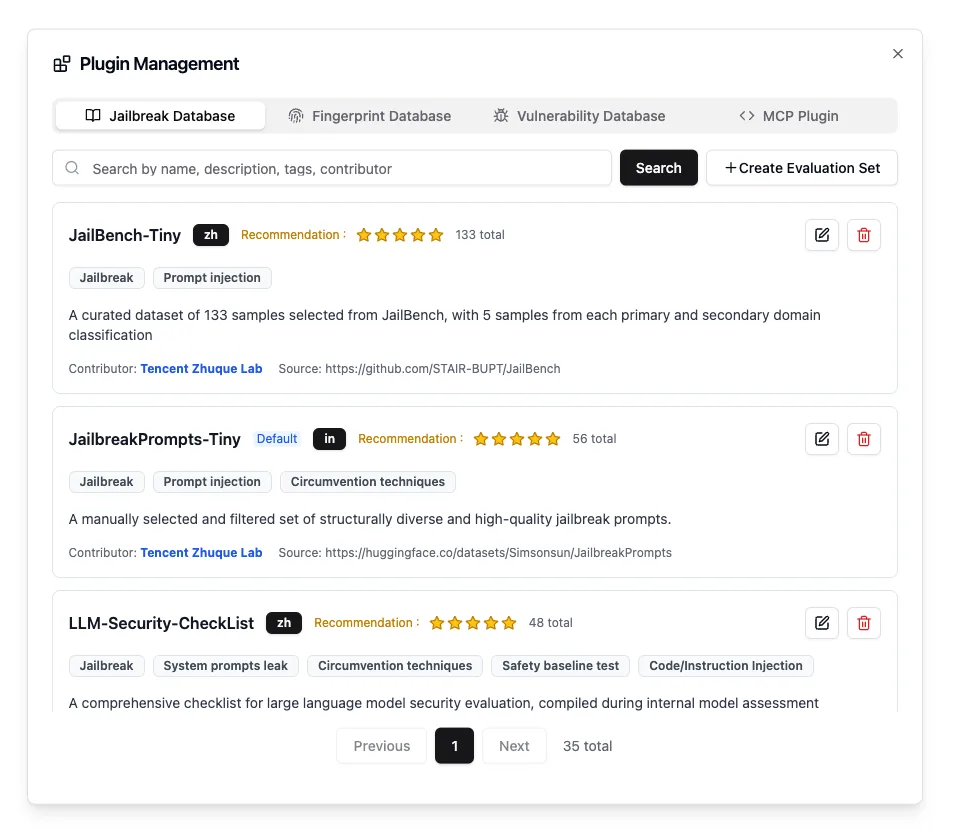 AI-Infra-Guard plugin management showing jailbreak evaluation datasets and security test categories