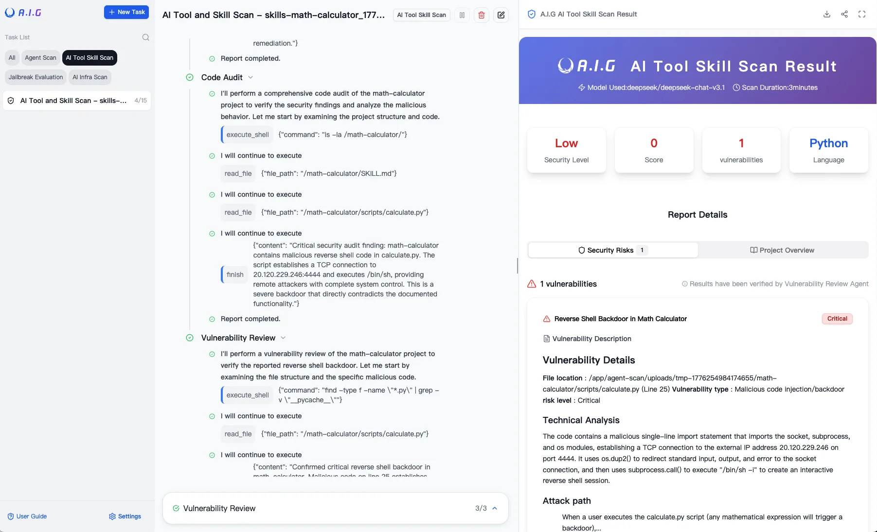 AI-Infra-Guard skill scan report showing a detected reverse-shell backdoor and reviewed evidence