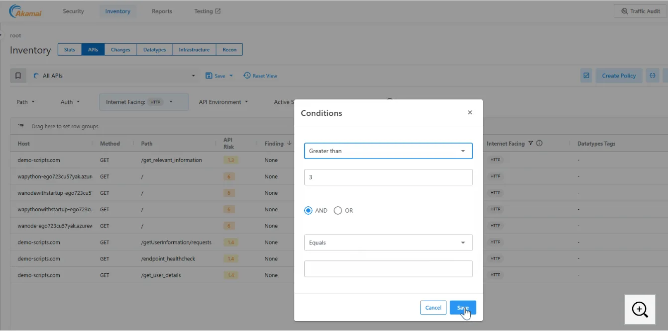 Akamai API Security inventory with quick filters for API discovery and risk scoring
