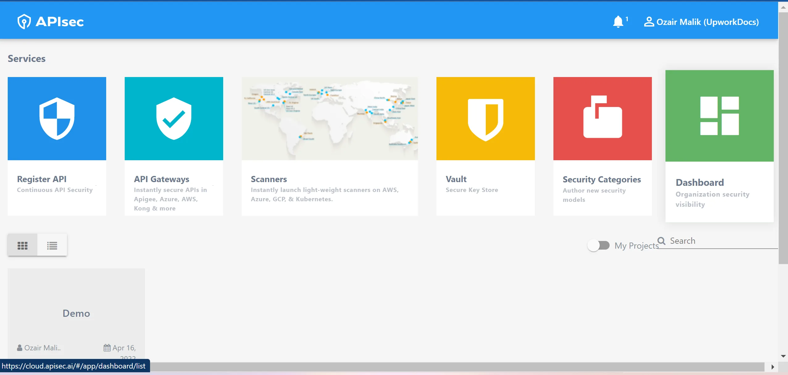 APIsec Global Dashboard showing scan metrics, open vulnerabilities, and registered APIs