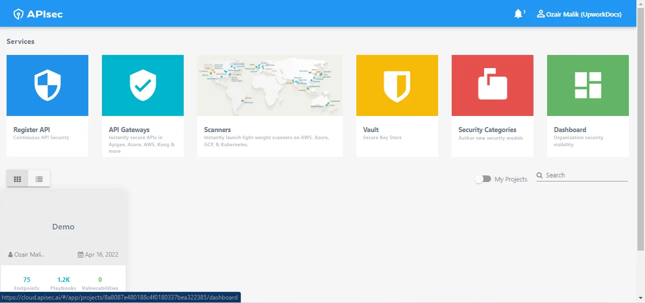 APIsec Project Dashboard showing scan history, endpoints, and vulnerability tracking
