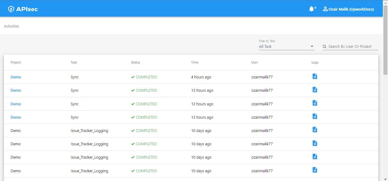 APIsec Activities log showing sync and scan tasks completing per project