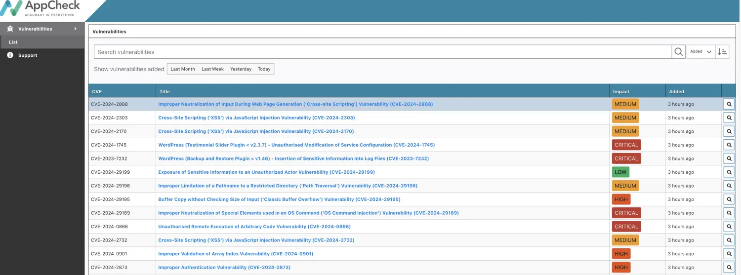 AppCheck VulnFeed vulnerability database showing CVE entries with CRITICAL, HIGH, and MEDIUM severity ratings updated hourly