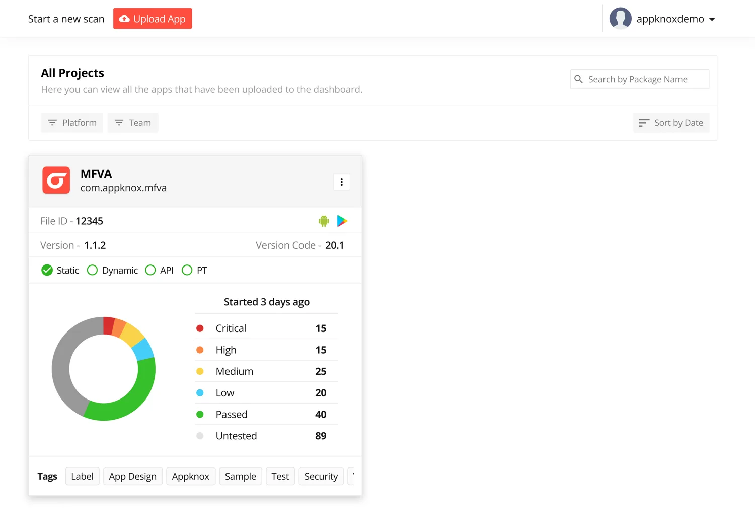 Appknox dashboard listing uploaded apps with static, dynamic, API, and pentest scan types and findings broken down by severity