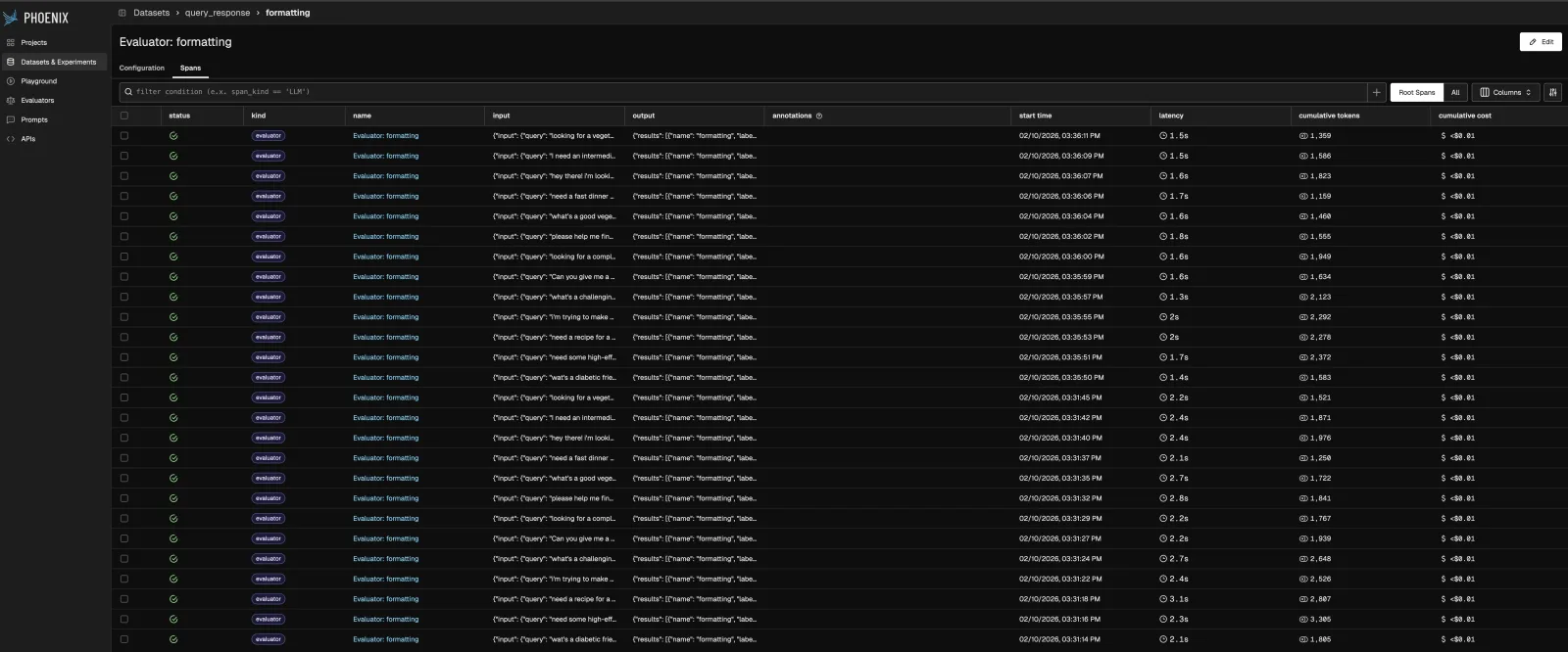 Arize AI Phoenix evaluator spans table showing evaluation runs with status, input, output, latency, and cumulative token cost