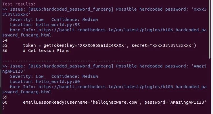 Bandit scan output showing categorized security findings with severity levels