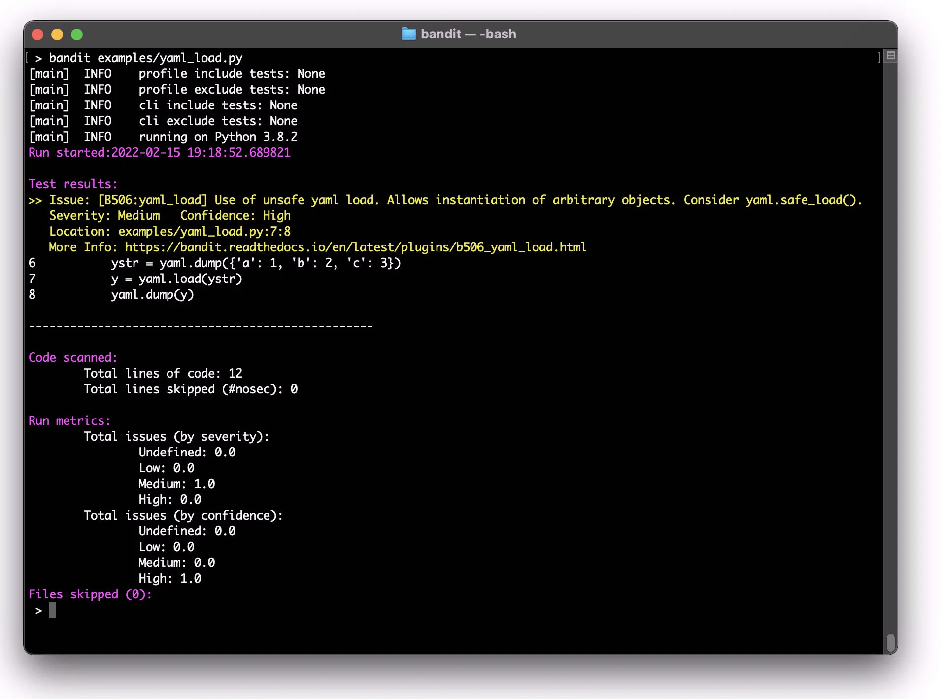 Bandit terminal output showing security scan results with severity and confidence ratings