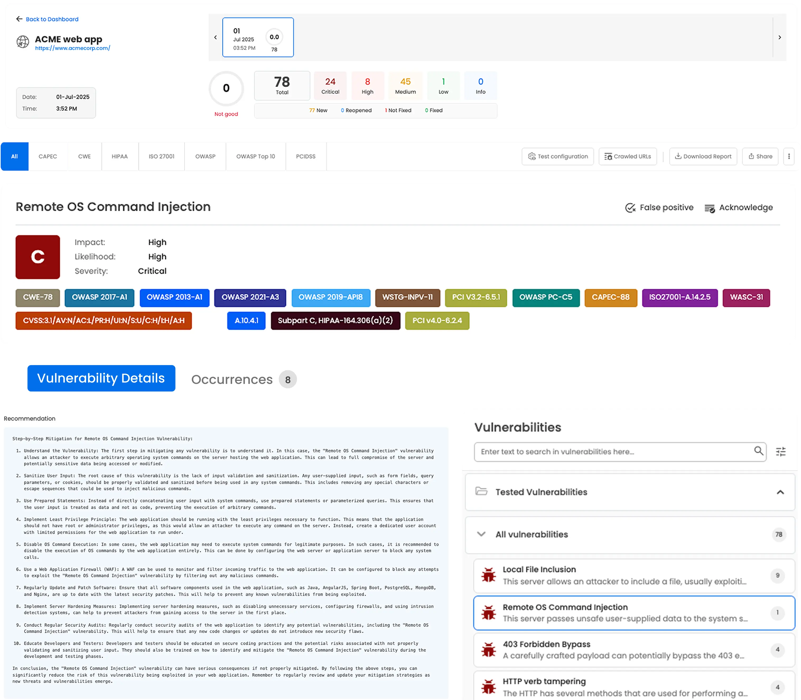 Beagle Security scan results with vulnerability details and remediation guidance