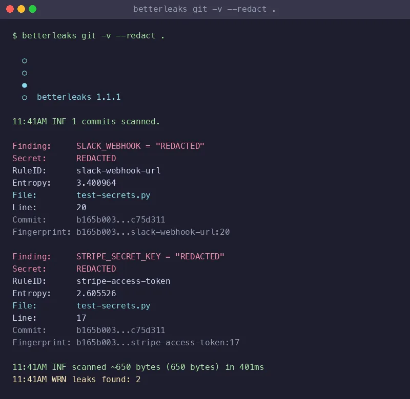 Betterleaks CLI scan output showing detected Slack webhook and Stripe secret key findings with redacted values
