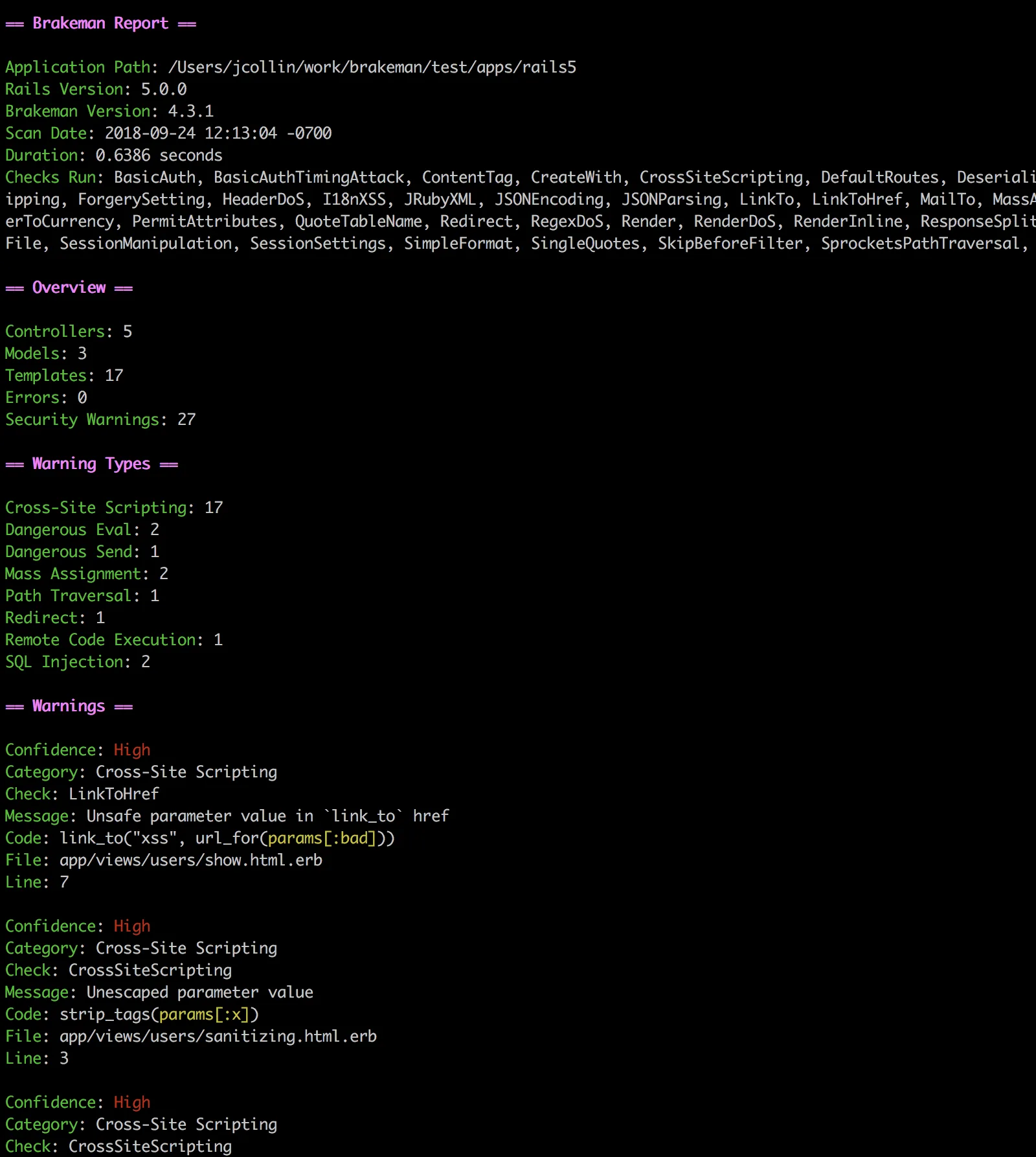 Brakeman text report showing security scan results with confidence levels and warning categories