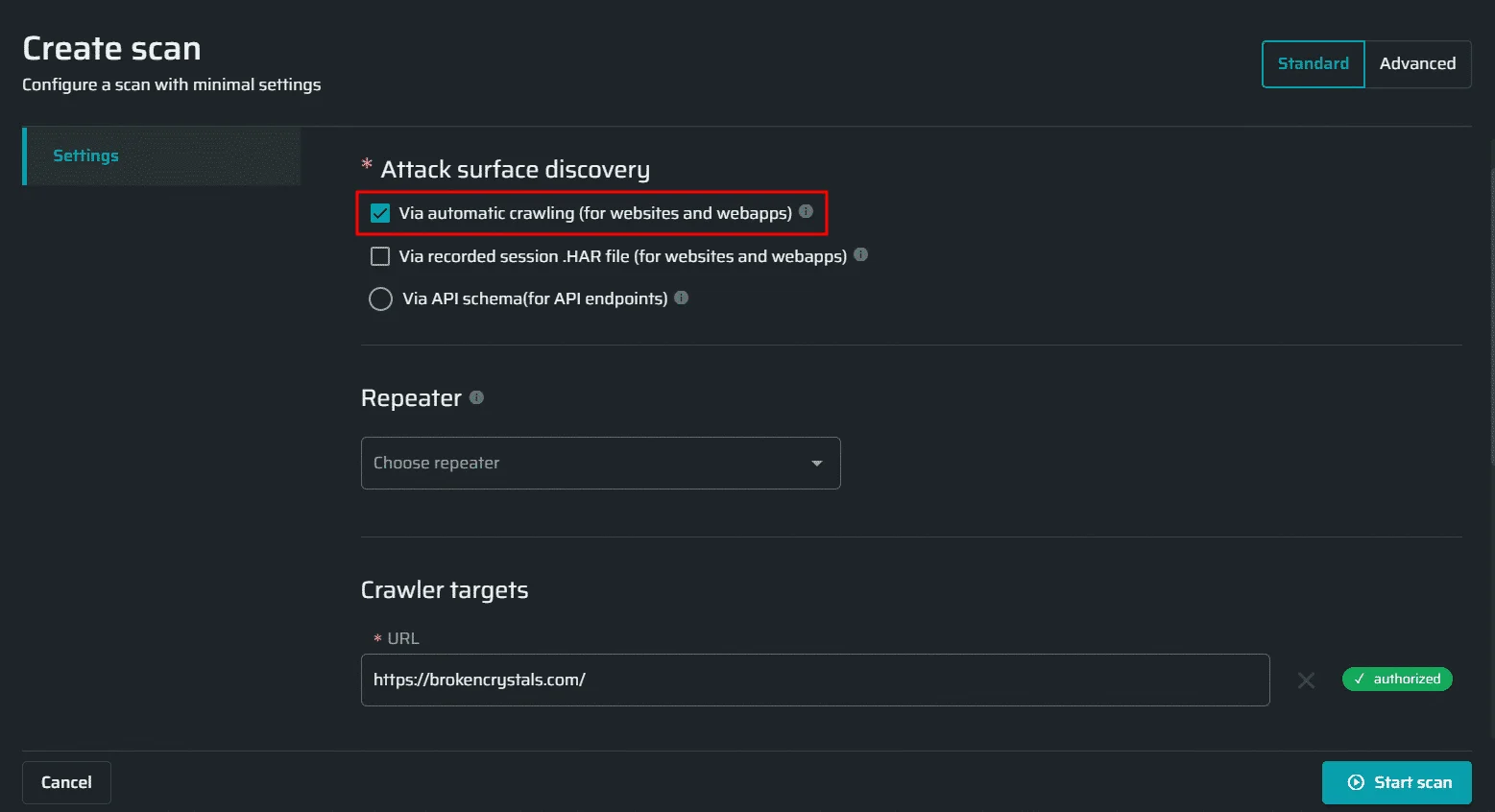 Bright Security scan configuration showing target and discovery options