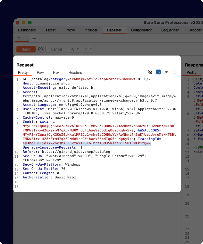 Burp Suite Repeater tab showing a modified HTTP GET request to a target application, with headers and cookie values ready to iterate