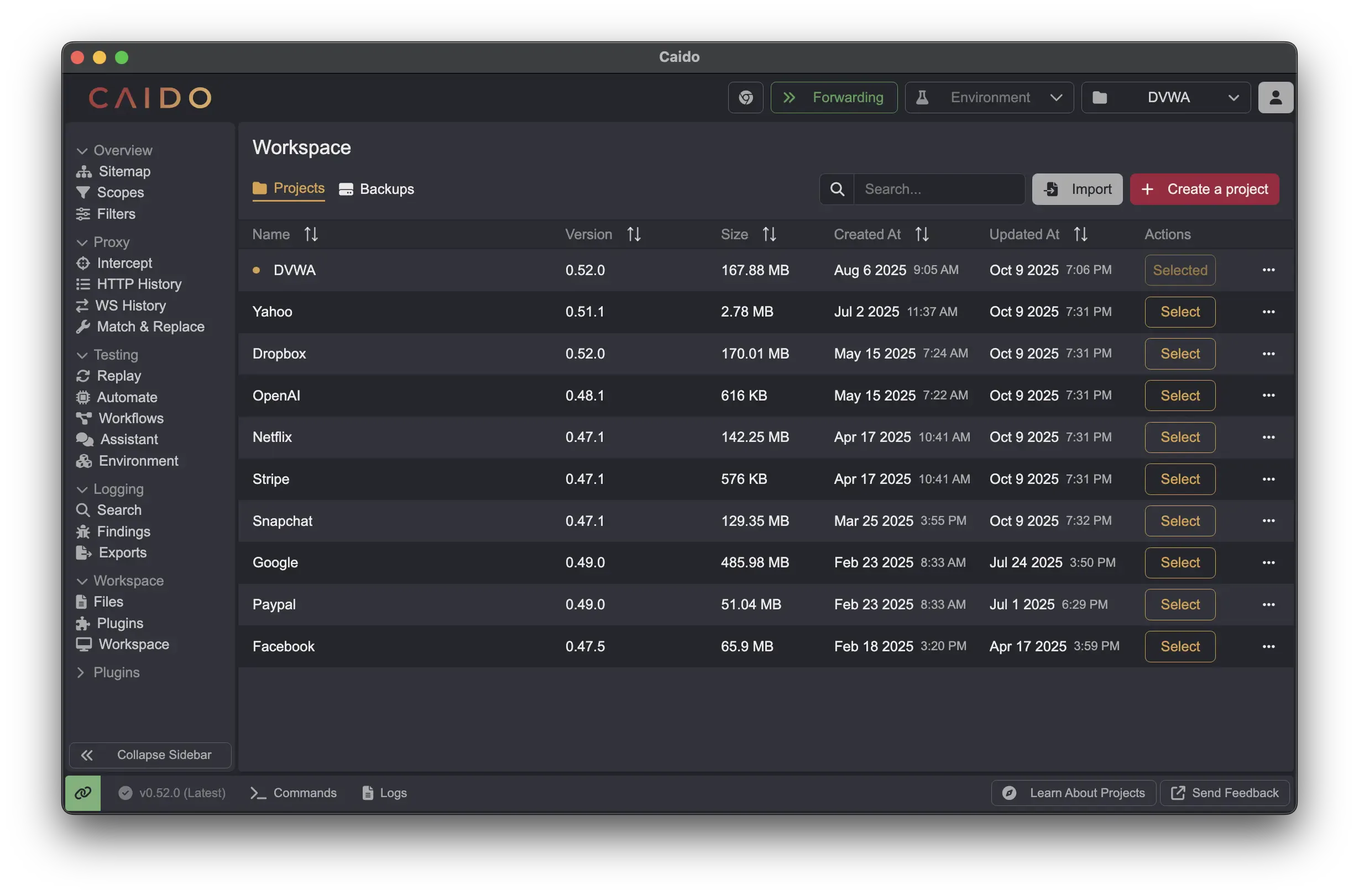 Caido Workspace showing the project list with sizes and versions alongside the sidebar of proxy, Replay, Automate, and Workflows tools