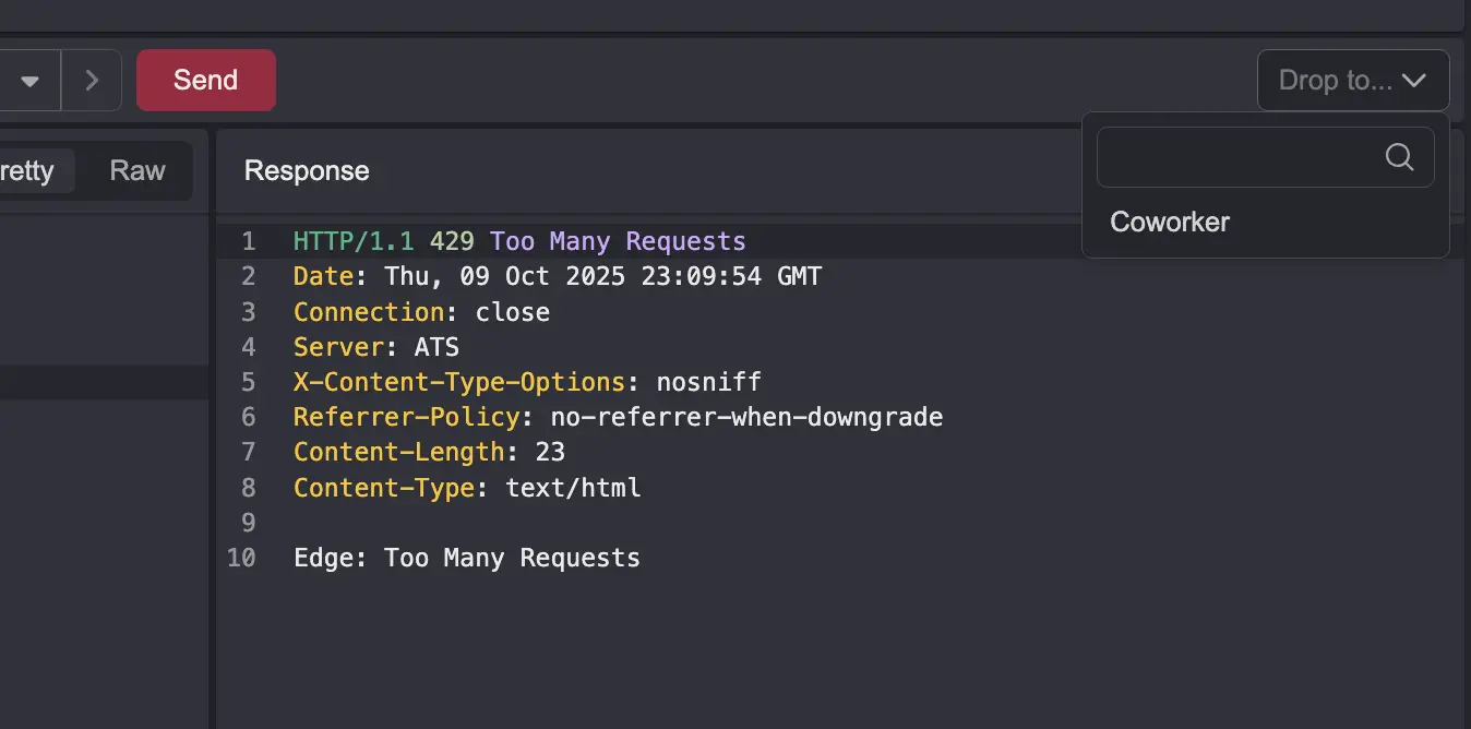 Caido interface showing the Replay response view with a syntax-highlighted HTTP response and the Drop to collaboration menu