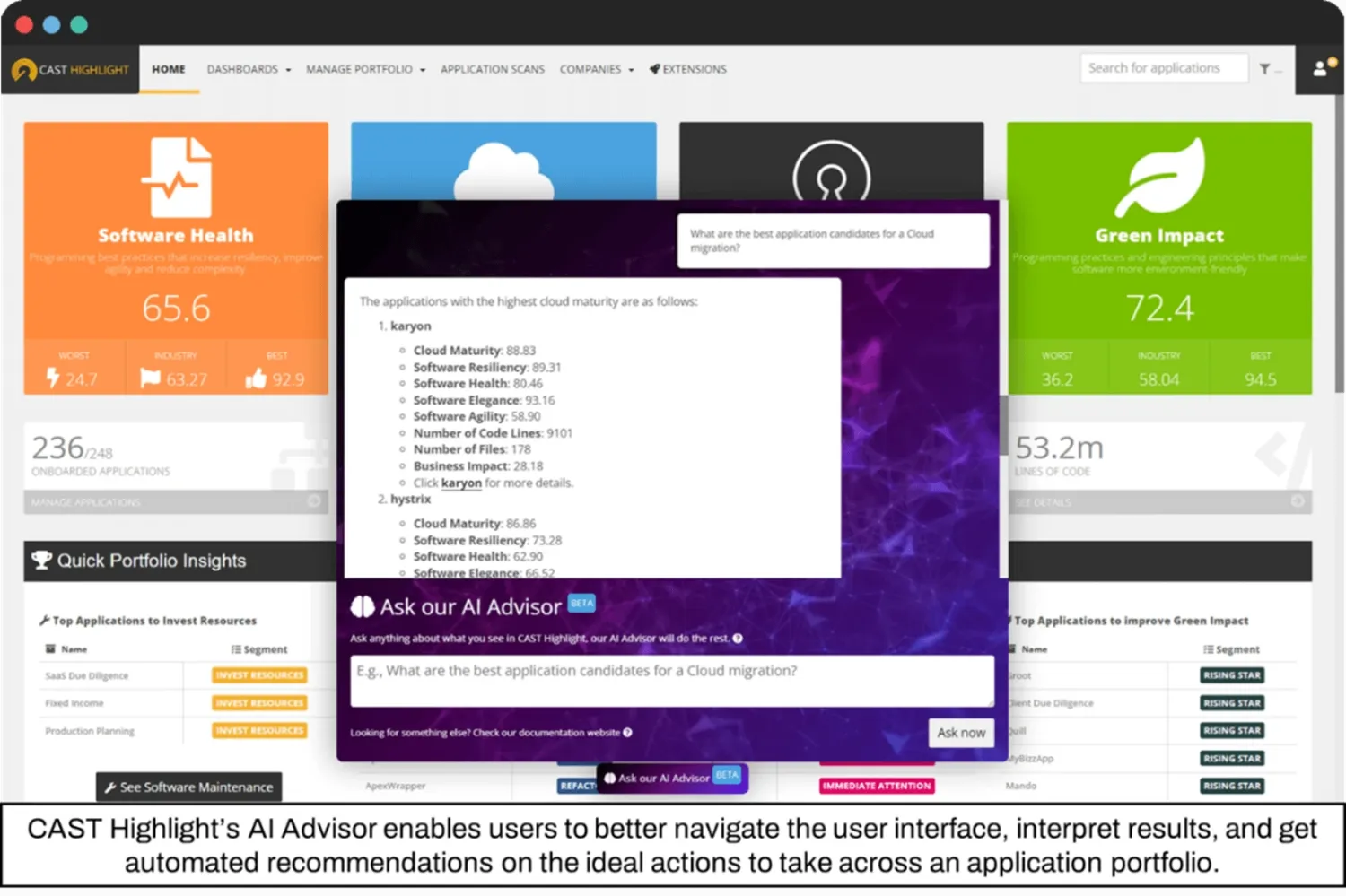 CAST Highlight AI Advisor interface showing automated portfolio recommendations for cloud migration candidates with scoring metrics