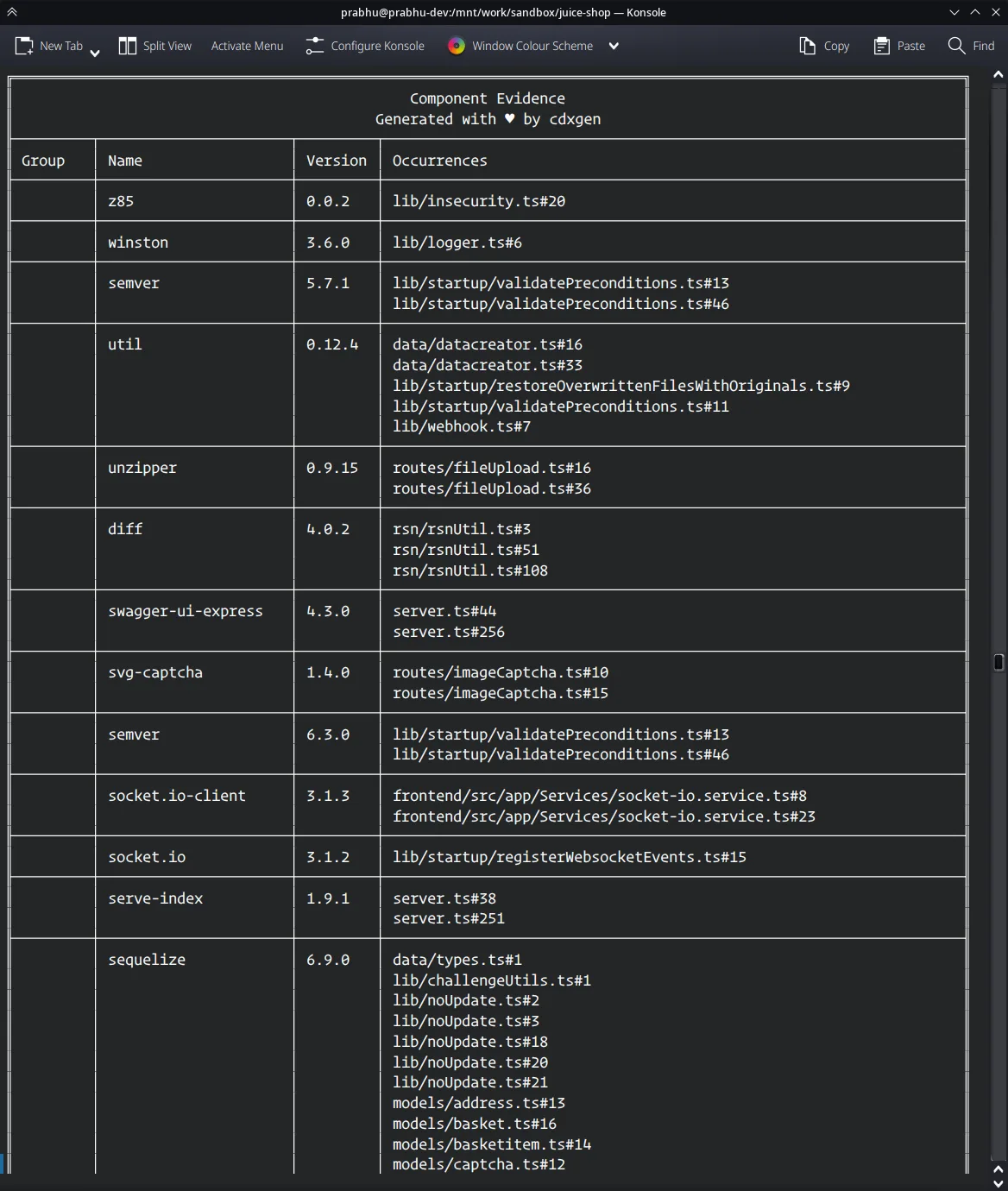 cdxgen occurrence evidence showing component usage with source file references and version details