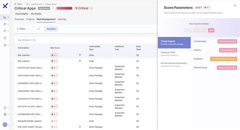 Checkmarx One risk-management view ranking critical application vulnerabilities by a tunable risk score