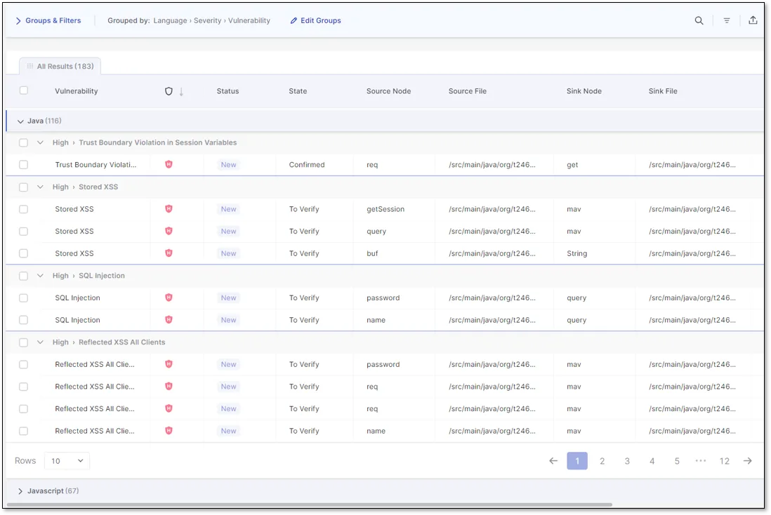 Checkmarx One SAST results viewer showing vulnerability findings with severity levels and code location