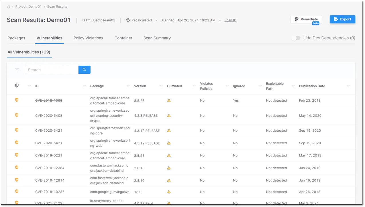 Checkmarx SCA results showing open-source dependency vulnerabilities with severity and remediation paths