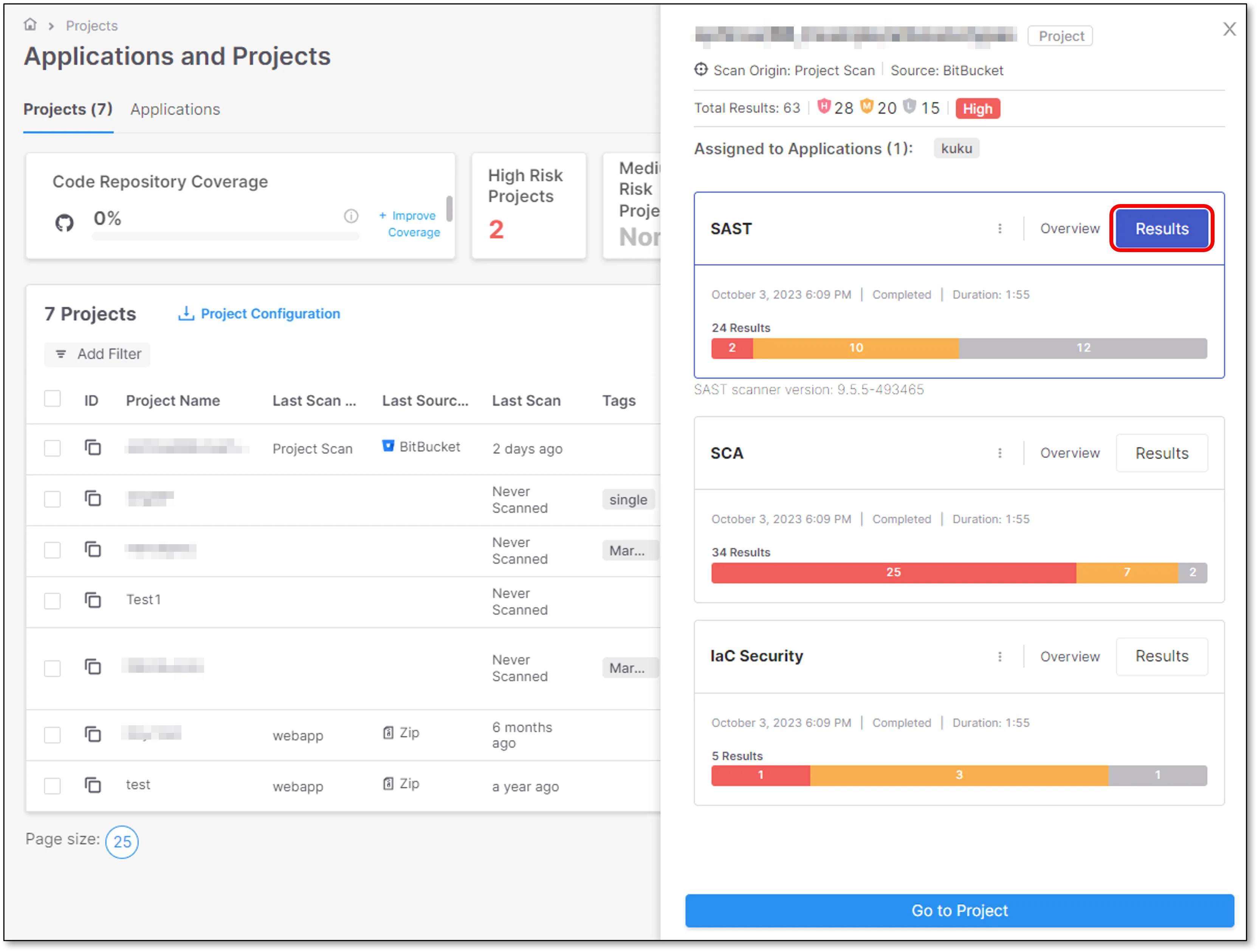 Checkmarx One vulnerability list showing findings across multiple projects with filtering options