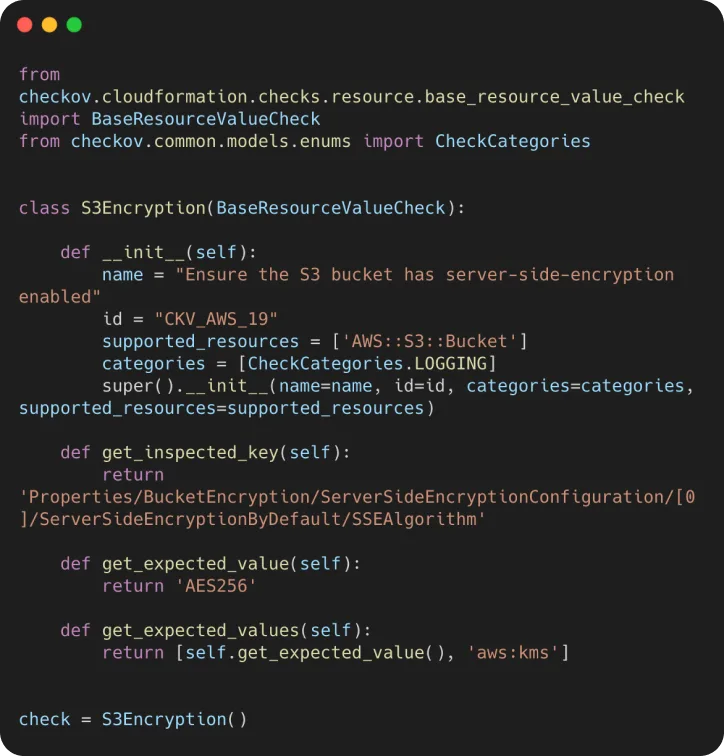 Checkov Python custom policy for S3 encryption check showing class-based structure