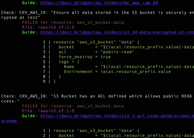 Checkov scan output against a Terraform directory showing FAILED policy checks (CKV_AWS_19 encryption at rest, CKV_AWS_20 public-read ACL) with the check ID, failed resource, file location, remediation guide link, and the offending aws_s3_bucket resource code