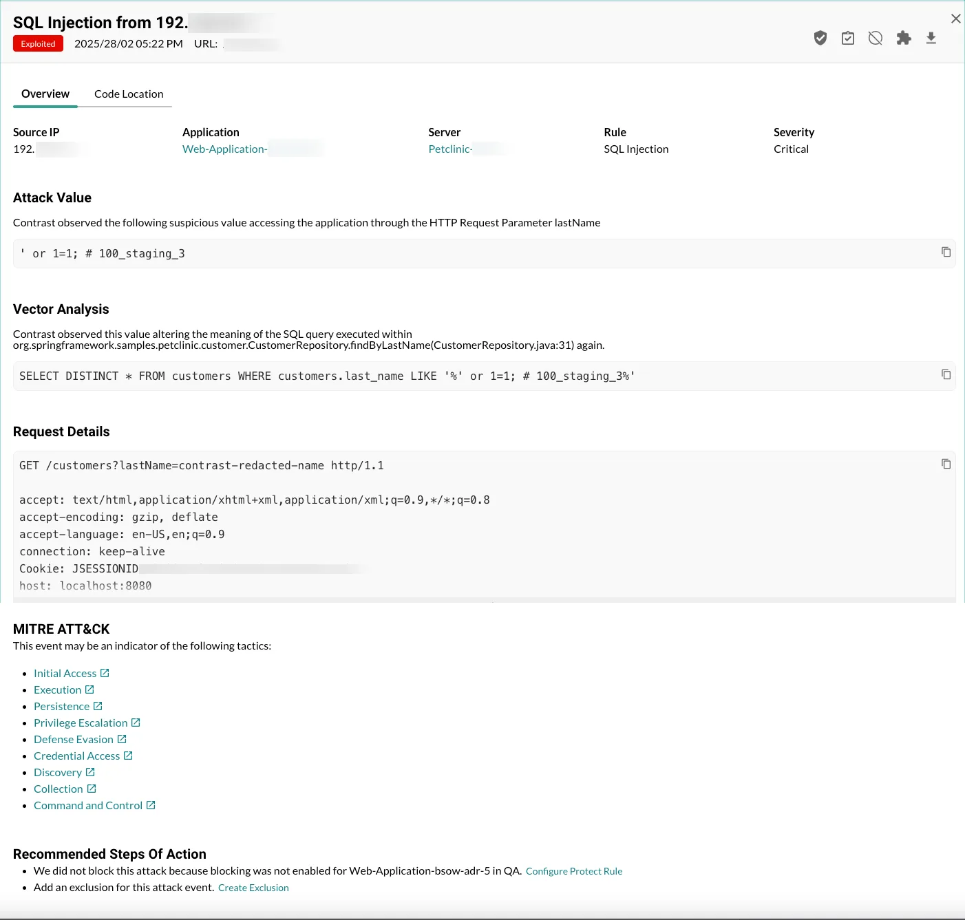Contrast Protect attack event detail showing SQL injection with attack value, vector analysis, request details, and MITRE ATT&CK mapping