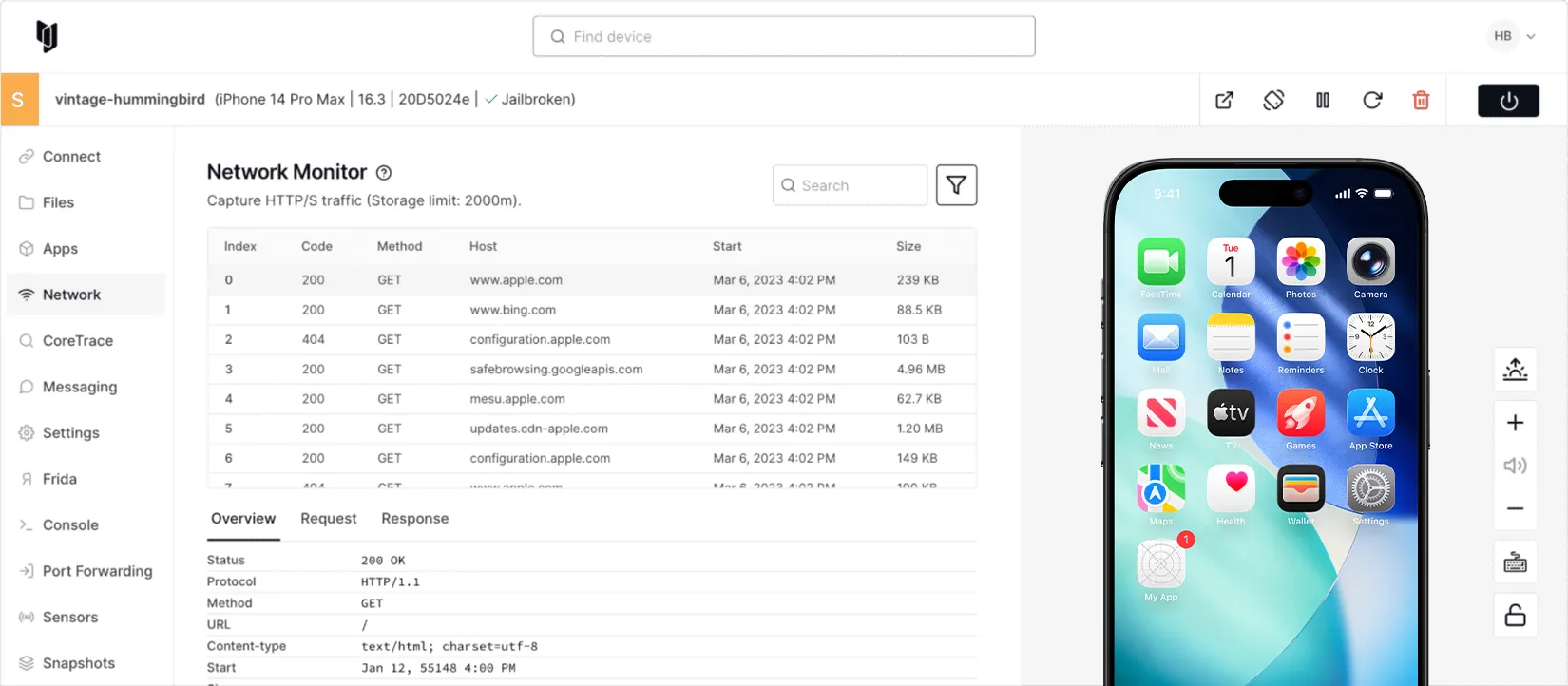 Corellium virtual device dashboard showing a virtualized iPhone 14 Pro Max running iOS 16.1 with network monitor, filesystem browser, and app management panels