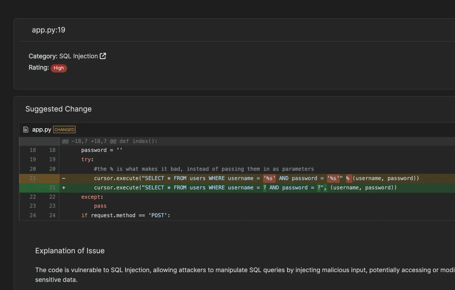 Corgea auto-fix diff view showing a SQL injection vulnerability in app.py with the original unsafe query replaced by a parameterized query, plus an Explanation of Issue section