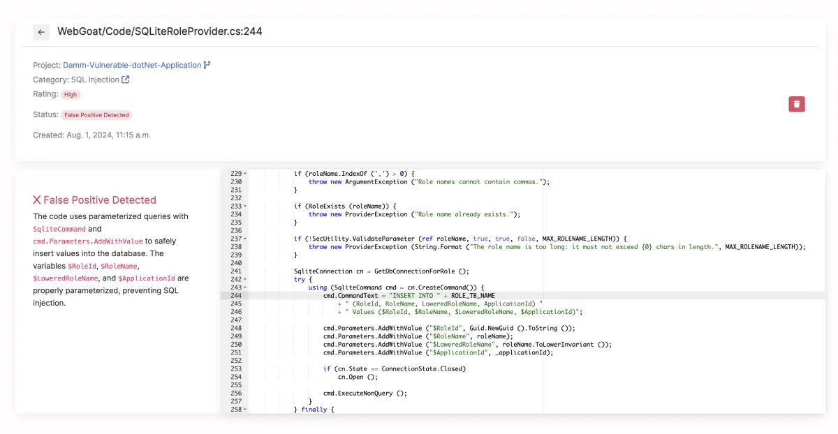 Corgea false positive detection showing AI analysis of a SQL injection finding with code context and parameterized query explanation