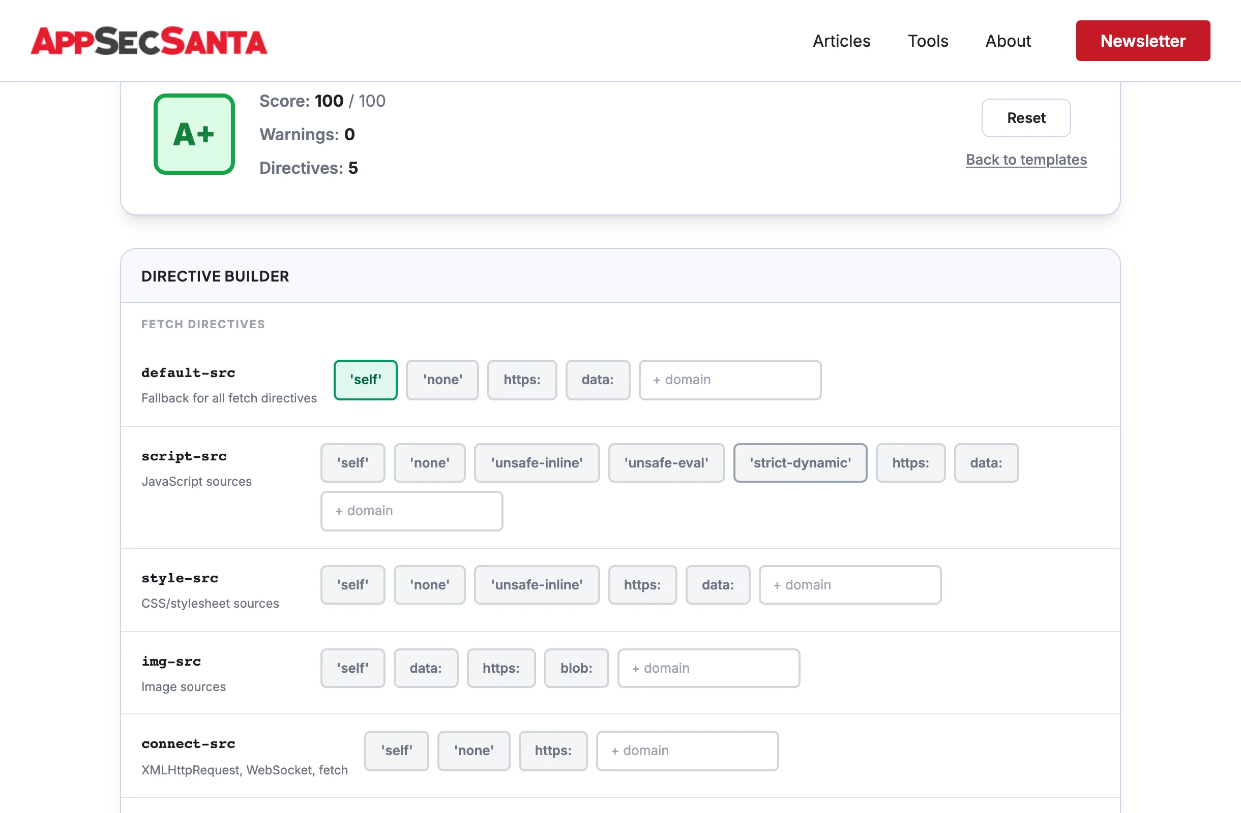 CSP Header Generator builder interface showing A+ security grade, directive toggles for default-src, script-src, style-src, and real-time scoring