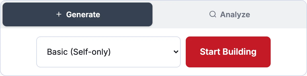 CSP Generator template selector with pill-style Generate and Analyze mode switcher, template dropdown, and Start Building button