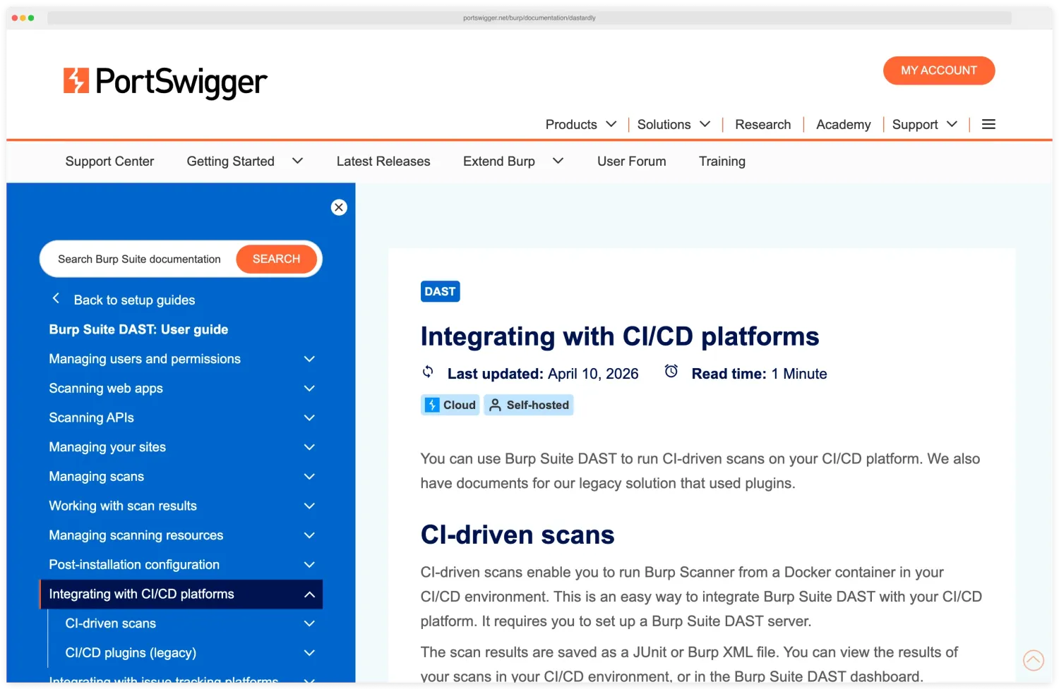 PortSwigger documentation page for running Dastardly and Burp Scanner in CI/CD pipelines