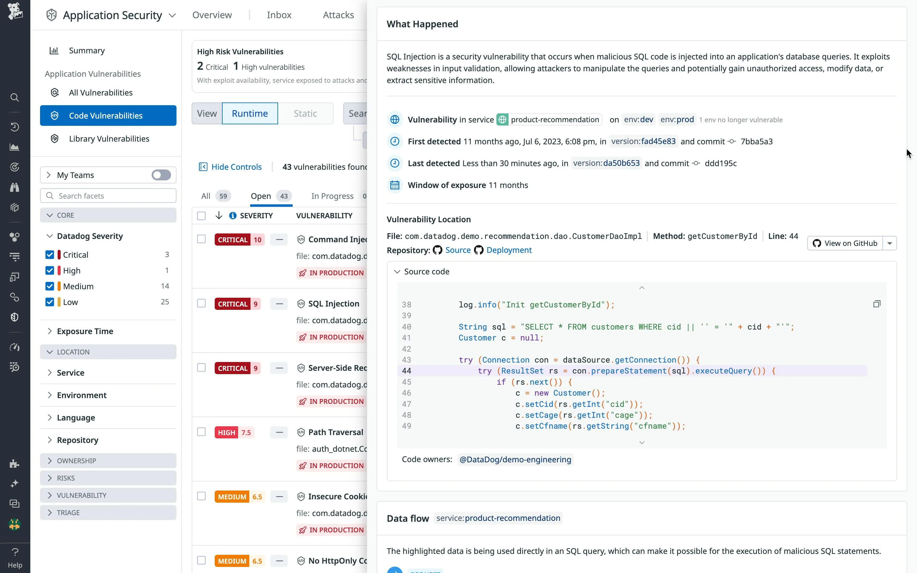 Datadog IAST code snippet showing vulnerable source code with highlighted lines