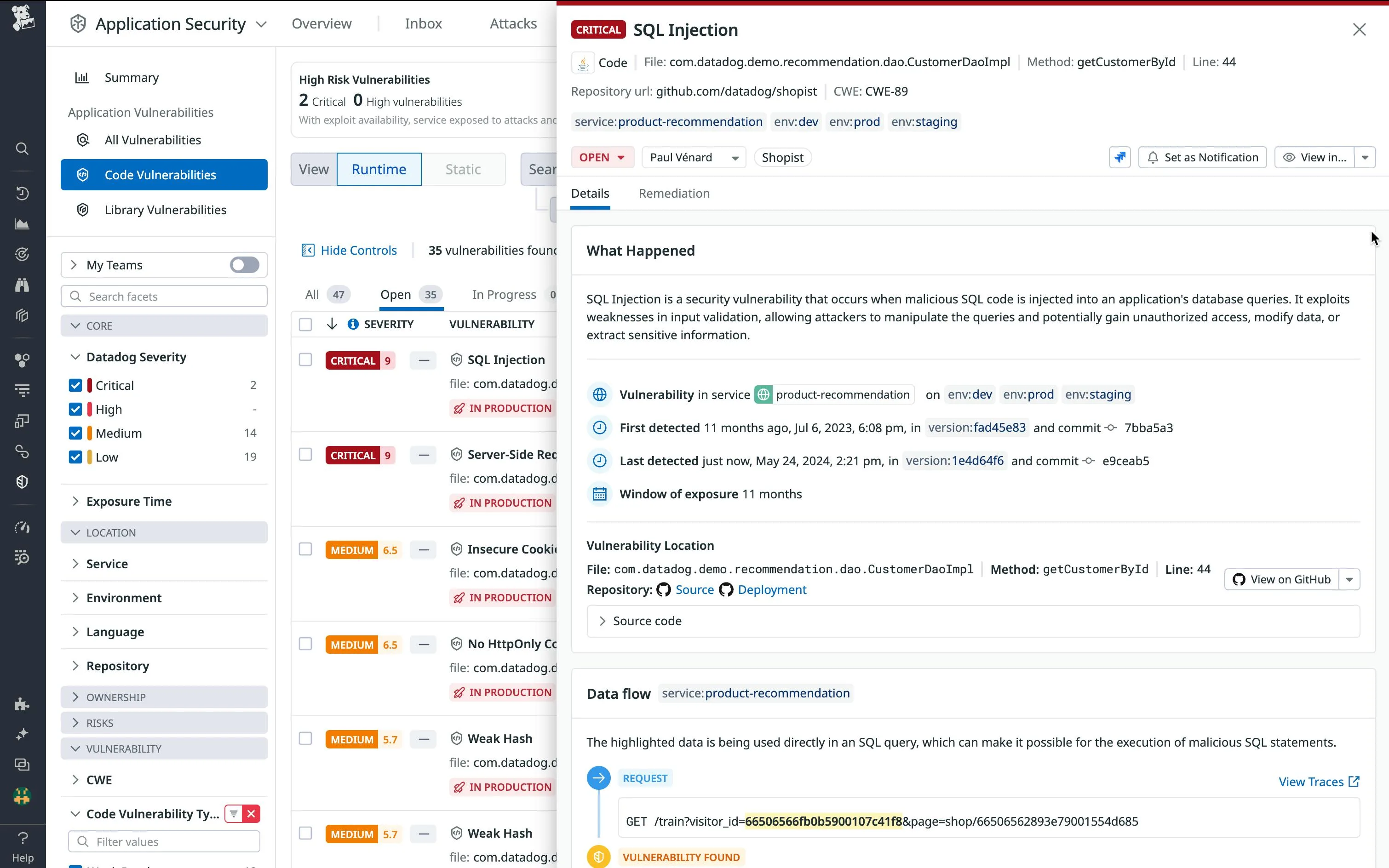 Datadog IAST vulnerability details showing SQL injection with file location and data flow