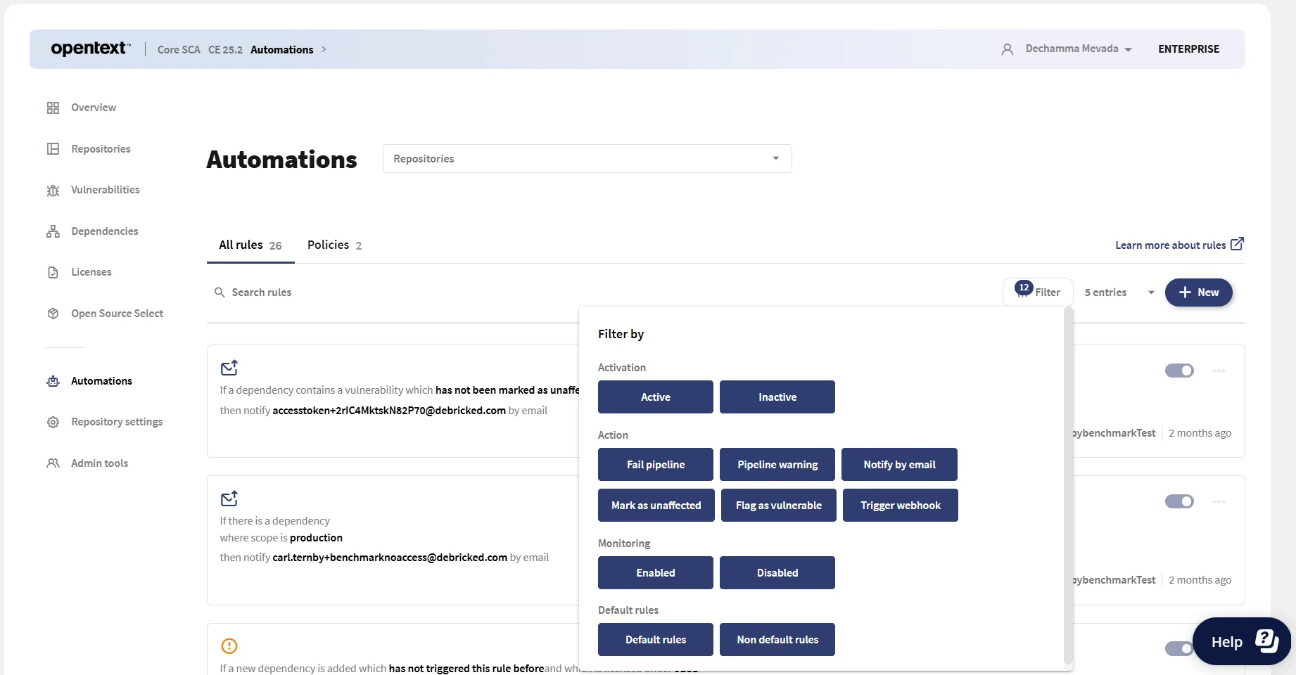 OpenText Core SCA automation rules for dependency management and vulnerability policies