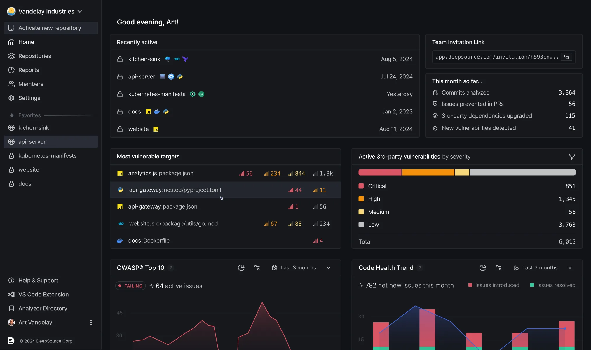 DeepSource team overview dashboard showing code health metrics across repositories