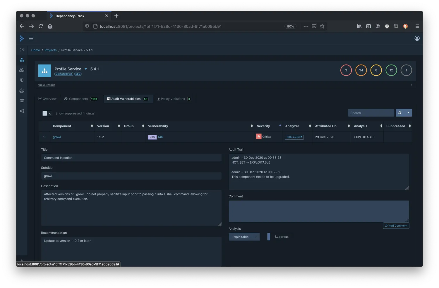 Dependency-Track audit findings view showing vulnerability triage with exploitability analysis and suppression controls