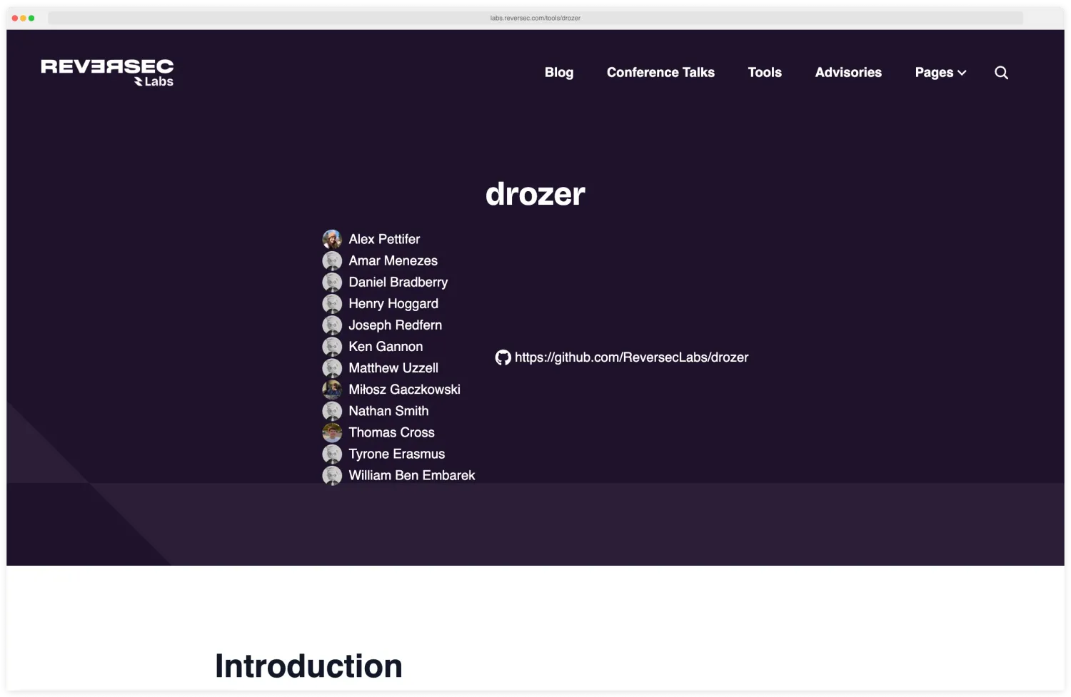 Drozer Android security assessment framework page showing the client-agent architecture, supported components, and installation instructions