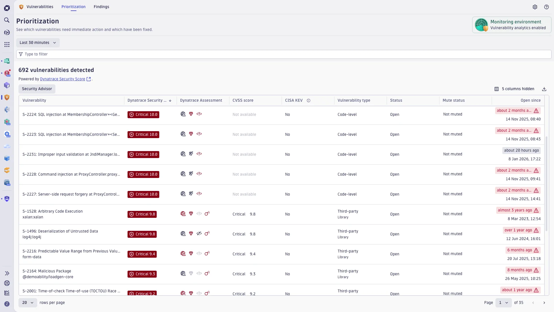 Dynatrace vulnerability prioritization dashboard showing risk assessment across applications