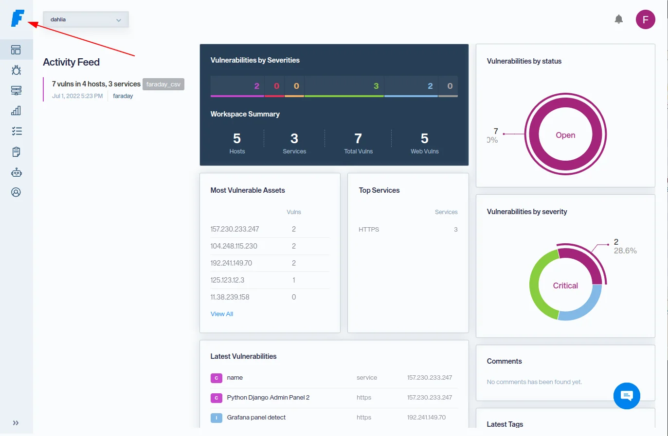 Faraday workspace management view showing multiple project workspaces with vulnerability counts and severity breakdown per workspace