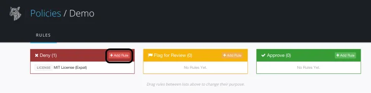FOSSA policy management interface showing Deny, Flag for Review, and Approve rule categories