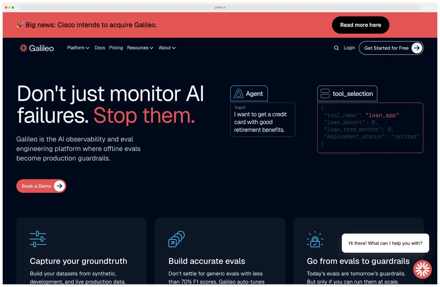 Galileo AI homepage with the tagline Do not just monitor AI failures, Stop them, showing an agent evaluating a loan app tool call and feature cards for groundtruth, evals, and guardrails
