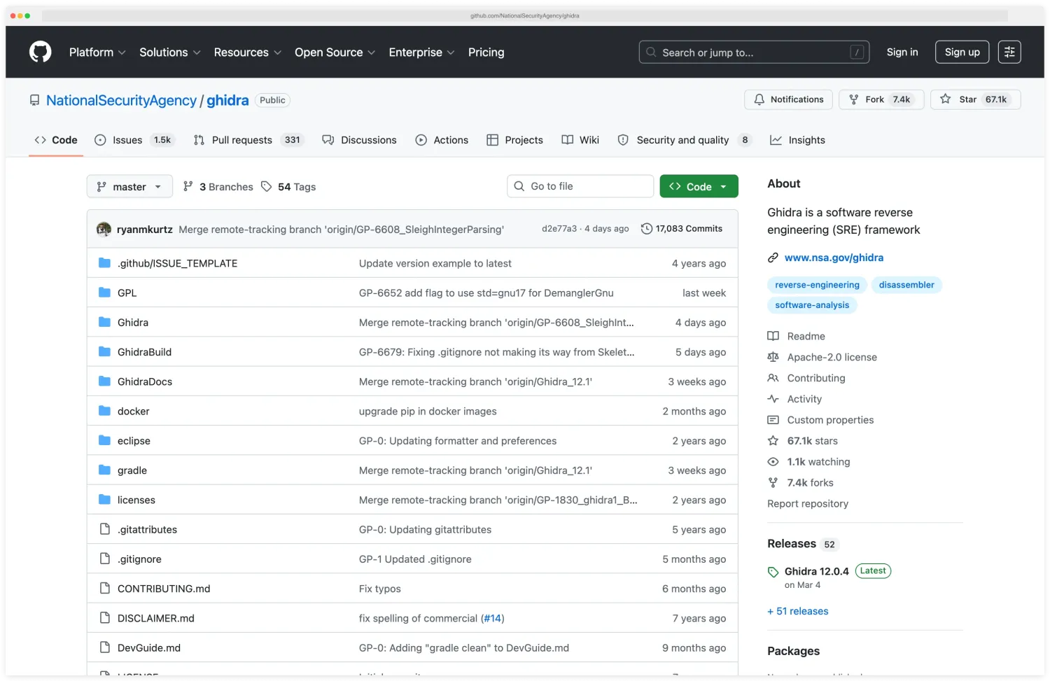 GitHub repository page for NationalSecurityAgency/ghidra showing star count and NSA organization badge