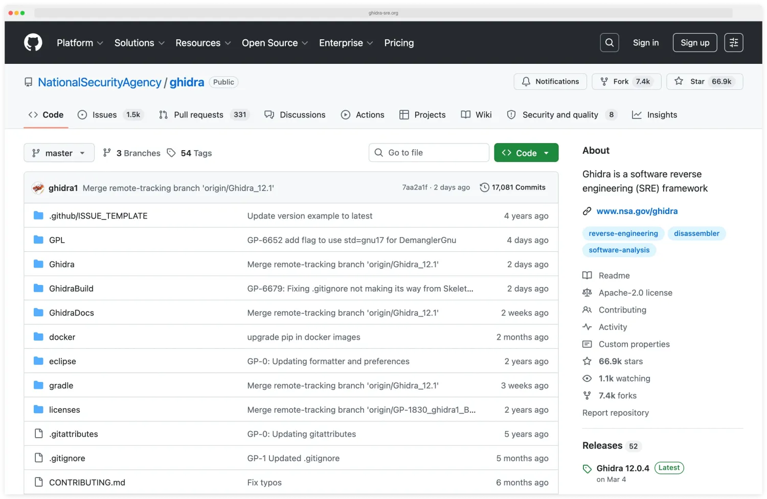 Ghidra project homepage from ghidra-sre.org with NSA branding, release highlights for the reverse engineering framework, and download links