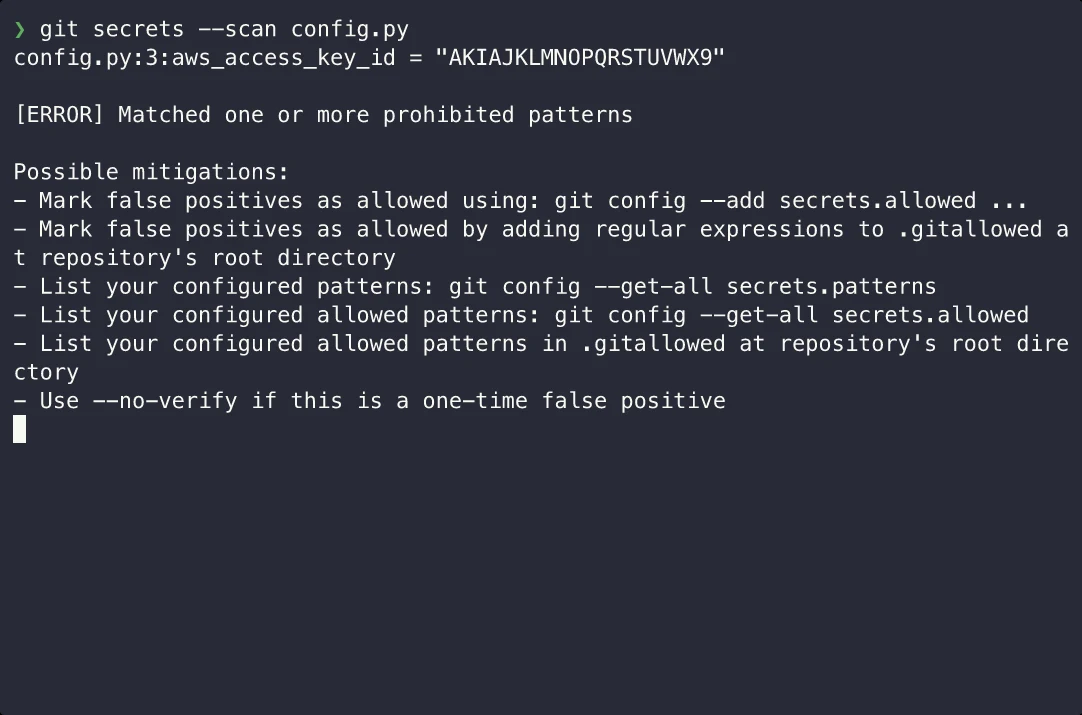 git secrets --scan terminal output flagging a hardcoded AWS access key in config.py with an [ERROR] Matched one or more prohibited patterns message and mitigation suggestions
