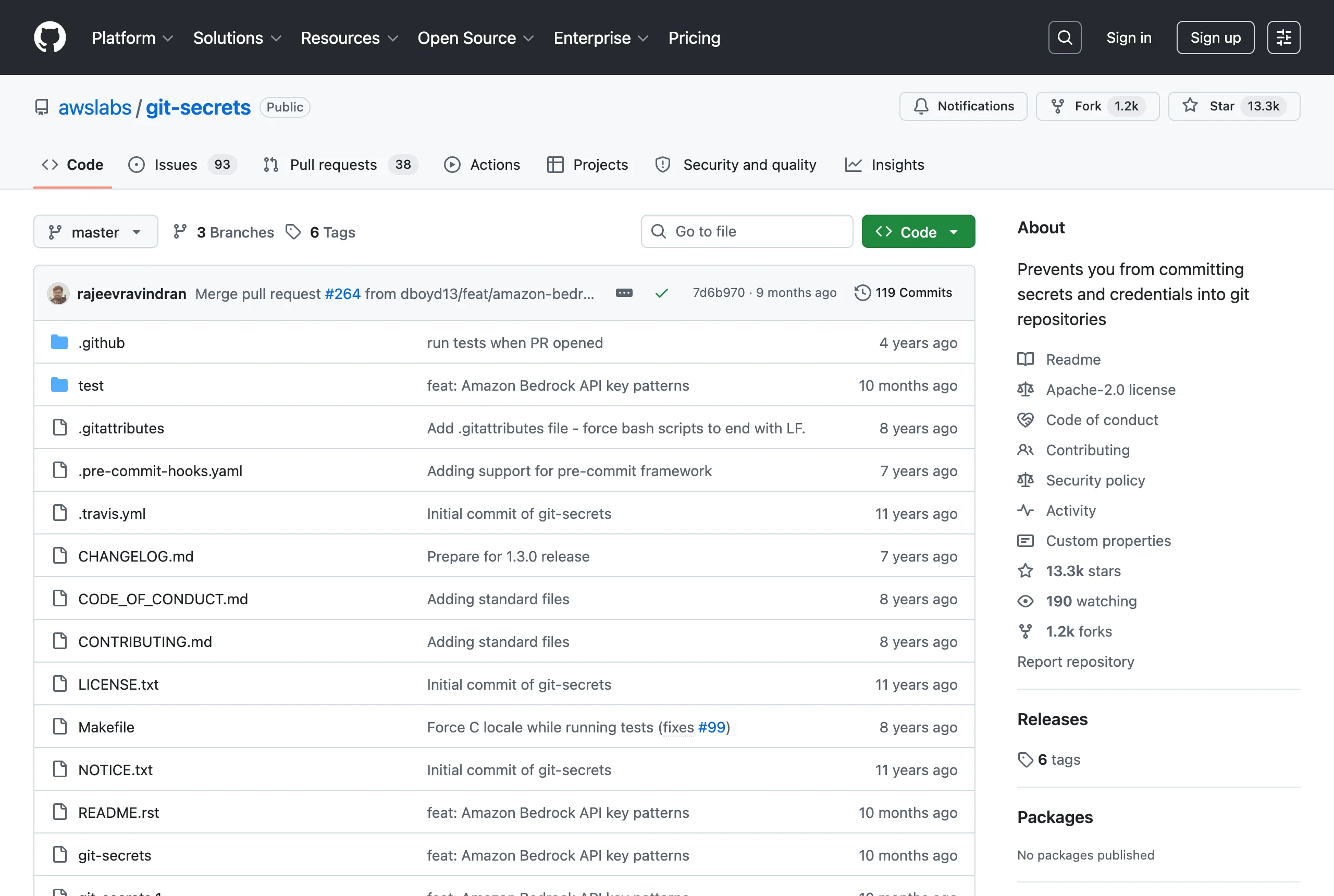 awslabs/git-secrets GitHub repository page showing the Apache-2.0 licensed git-hook scanner, its source files, and project README