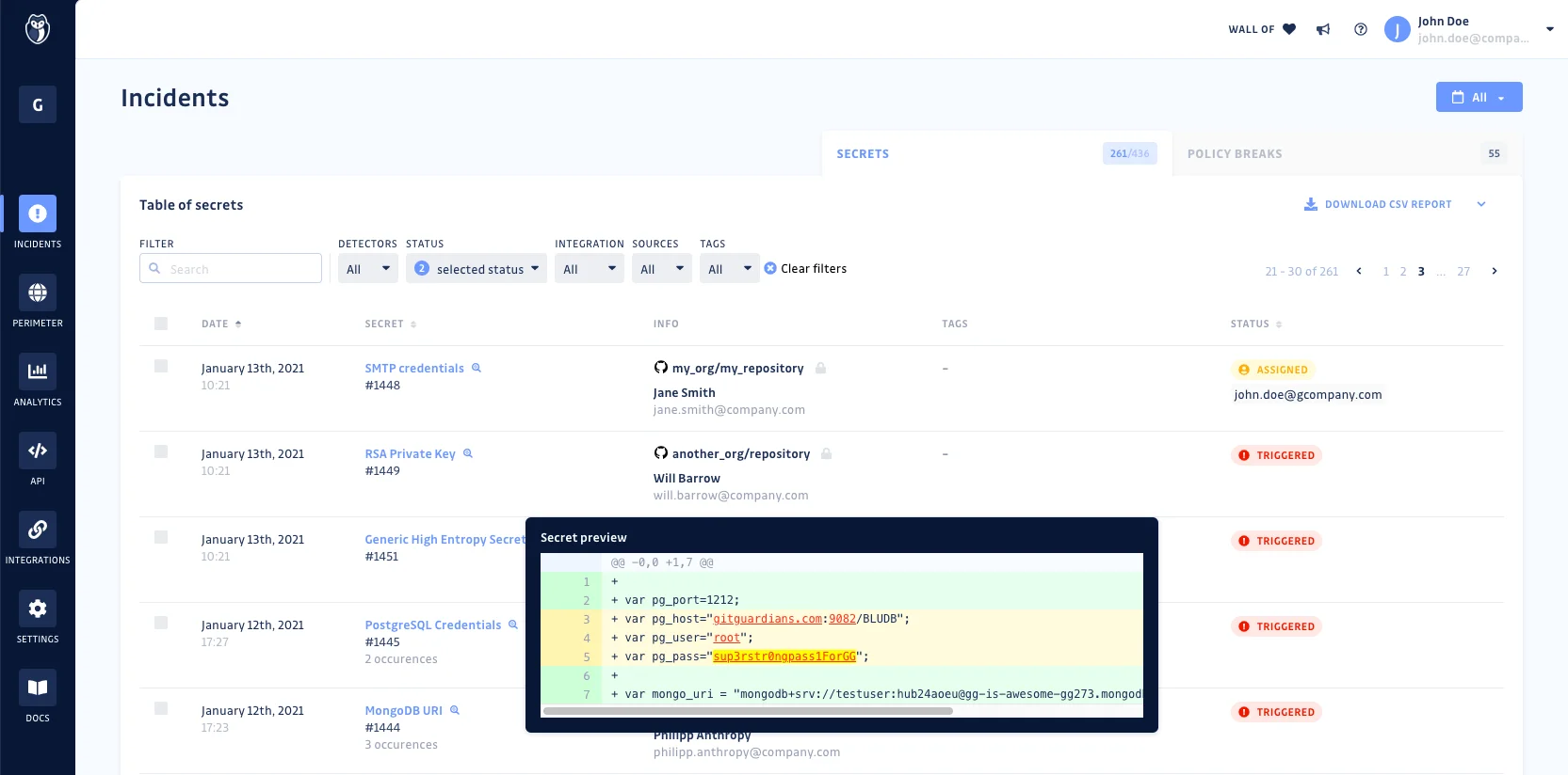 GitGuardian dashboard showing detected secrets with incident status, severity, and remediation tracking