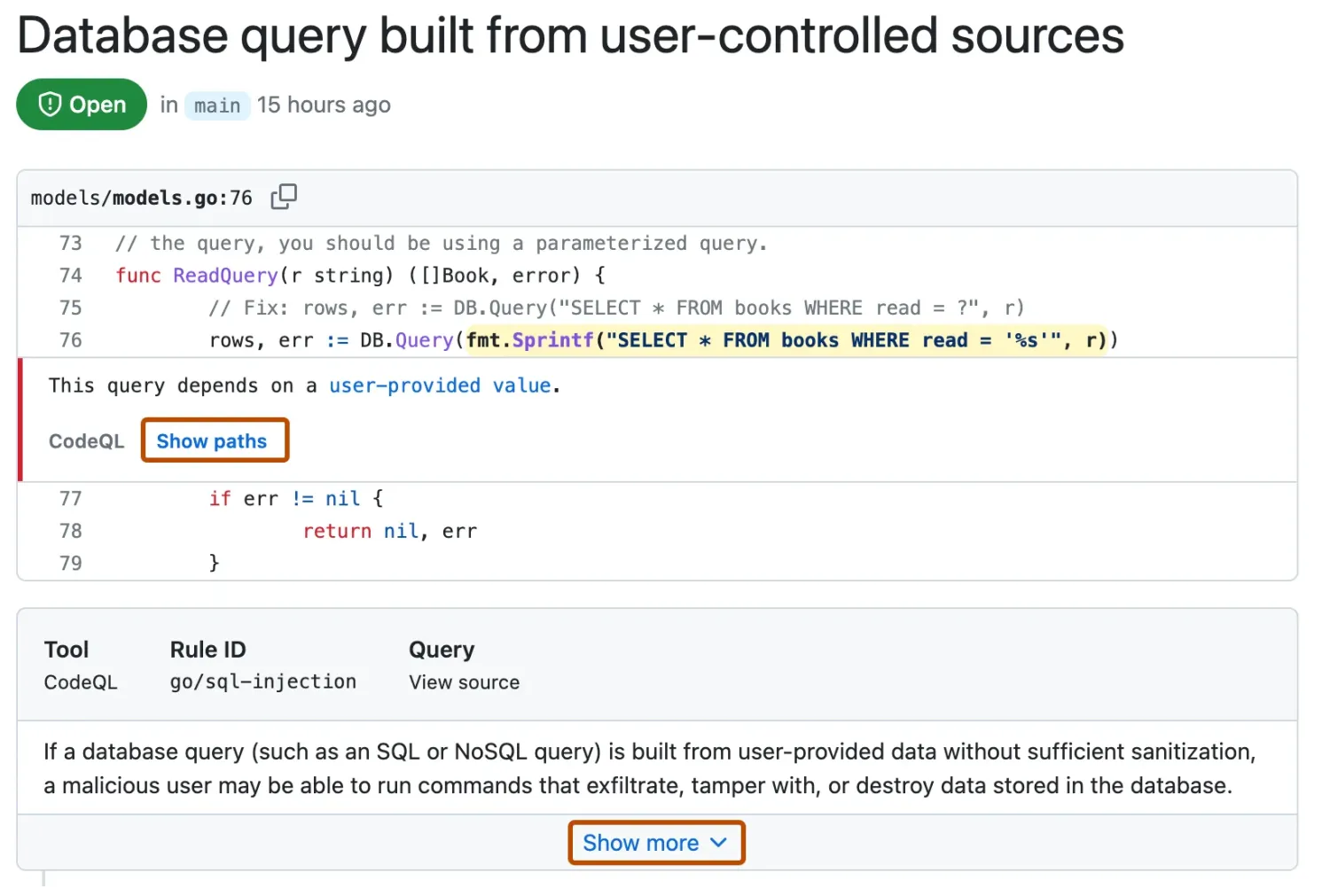 GitHub code scanning alert showing a SQL injection vulnerability in Go: database query built from user-controlled sources, with CodeQL rule ID go/sql-injection and Show paths taint tracking