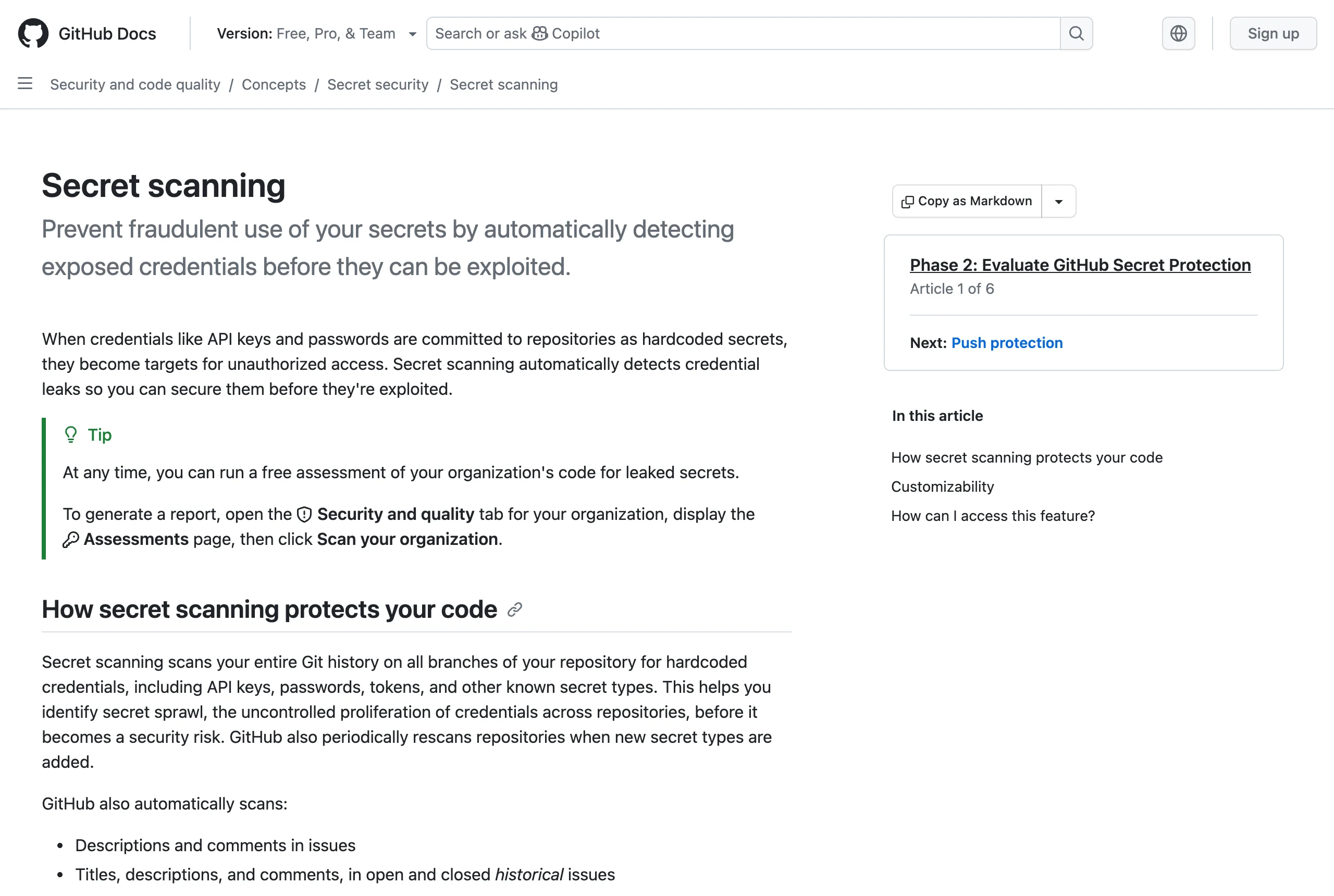 GitHub Docs 'About secret scanning' page explaining built-in secret detection, partner alerts, and push protection
